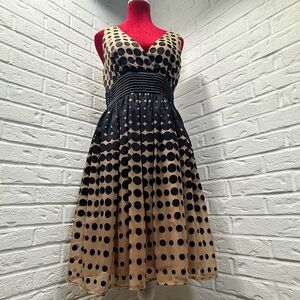 Burlapp Women’s Polka Dot Dress Size 6 Black Tan Sleeveless Empire Waist
